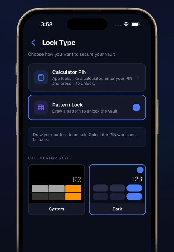 Lock Type screen with Calculator PIN and Pattern Lock options