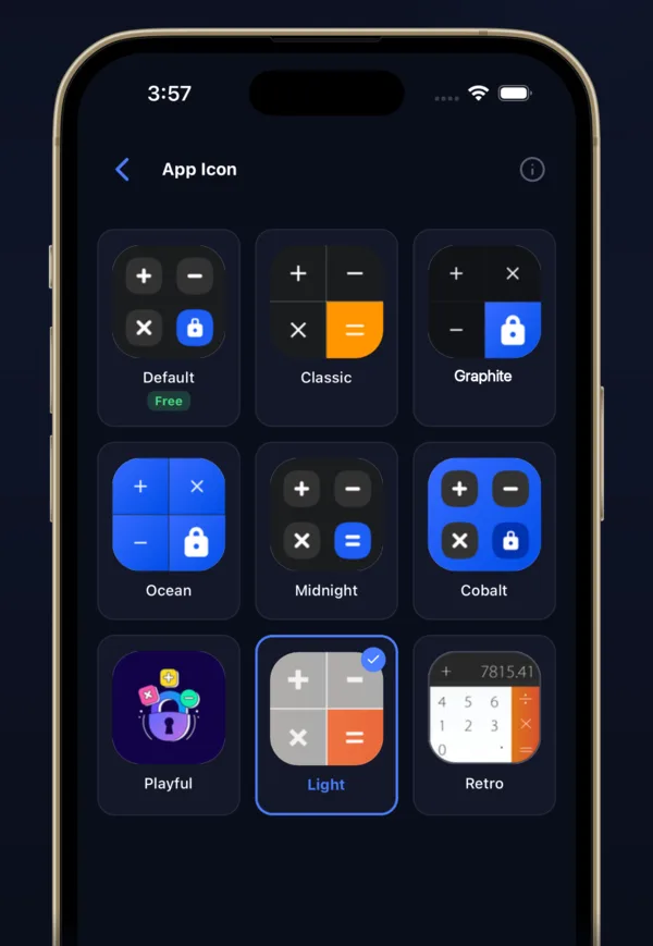 App Icon picker with 9 calculator-style icons