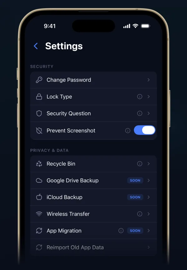 Settings screen with Lock Type, Security Question and Prevent Screenshot