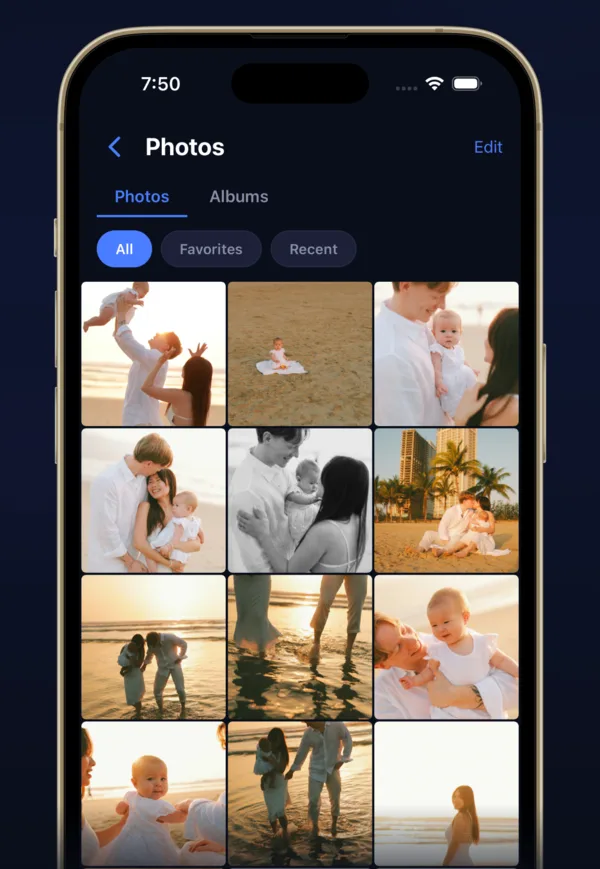 Private photo grid with Photos and Albums tabs